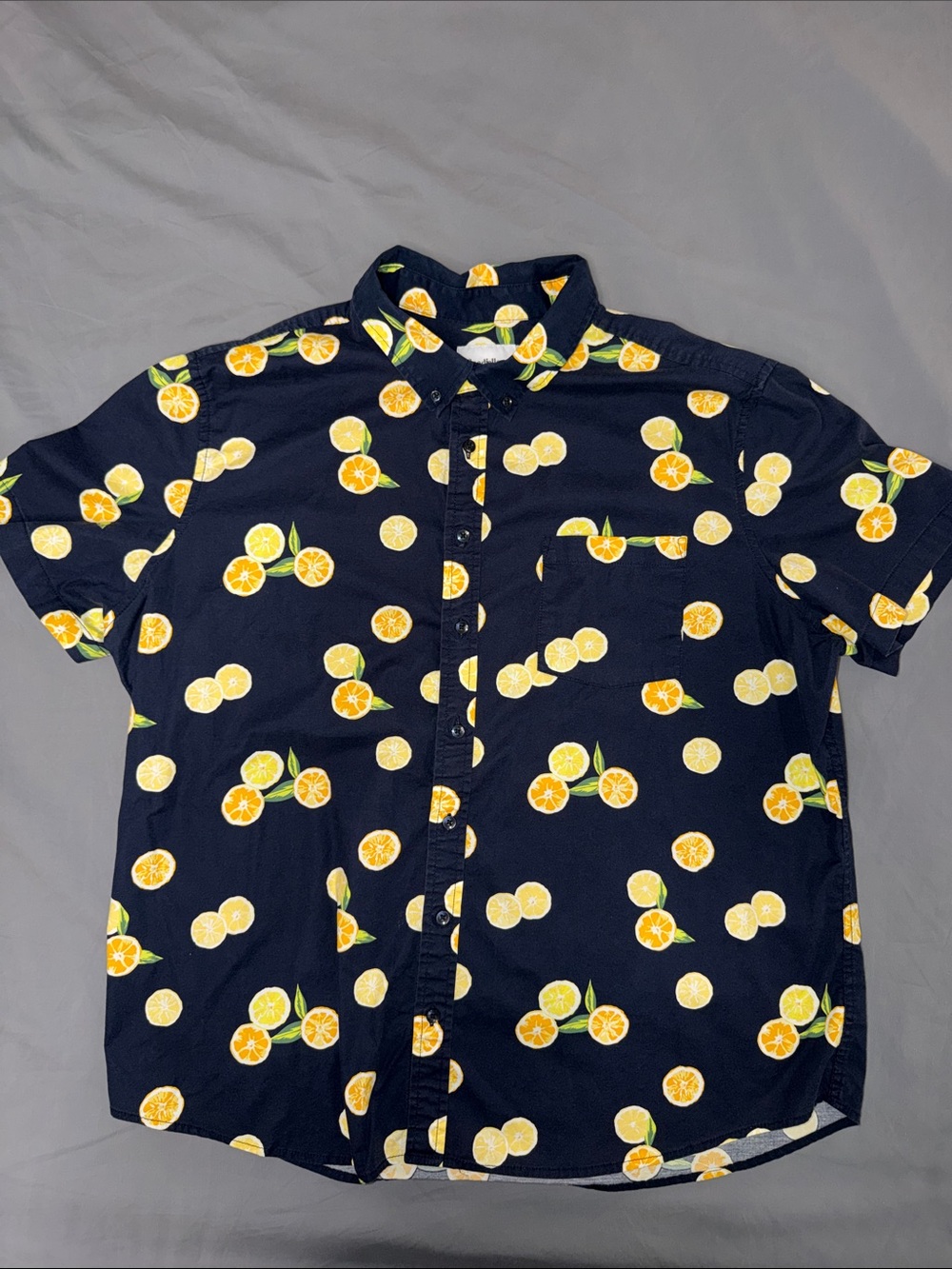 Goodfellow & Co Navy Short-Sleeve Button-Down with Yellow Citrus Print